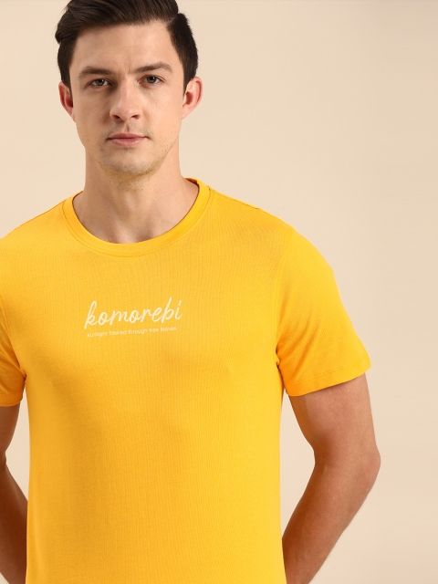 

ether Men Mustard Yellow Solid Round Neck Pure Cotton T-shirt with Print Detailing