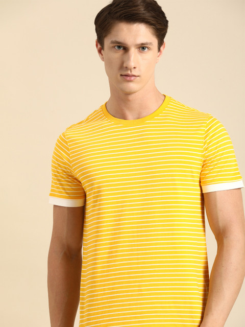 

ether Men Yellow & White Striped Round Neck T-shirt