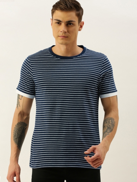

ether Men Navy Blue & White Striped Round Neck T-shirt