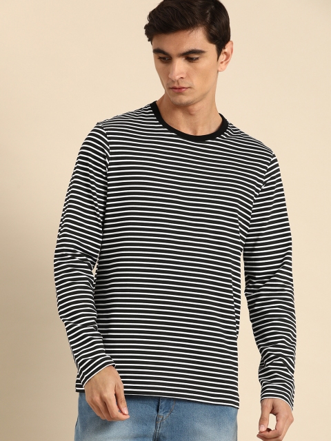 

ether Men Black & White Striped Round Neck T-shirt