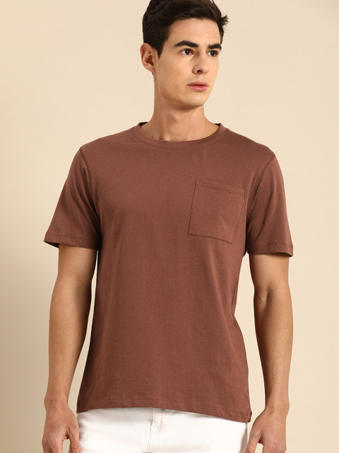 

ether Men Rust Brown Solid Chest Pocket Round Neck T-shirt
