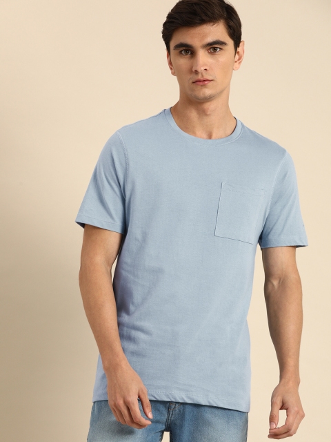 

ether Men Blue Solid Round Neck Pure Cotton T-shirt