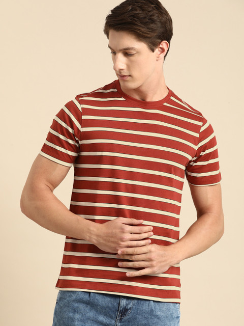 

ether Men Maroon White Striped Round Neck Pure Cotton T-shirt