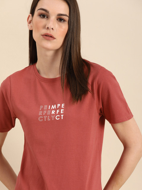 

ether Women Rust Red Pure Cotton Printed Round Neck T-shirt