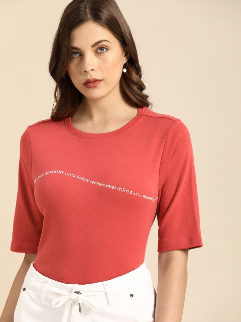 

ether Women Pink Pure Cotton Solid Round Neck T-shirt with Printed Detail