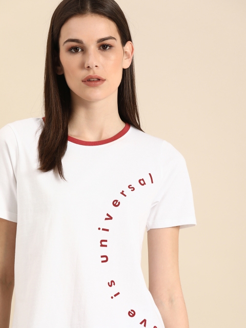 

ether Women White Printed Round Neck Pure Cotton T-shirt
