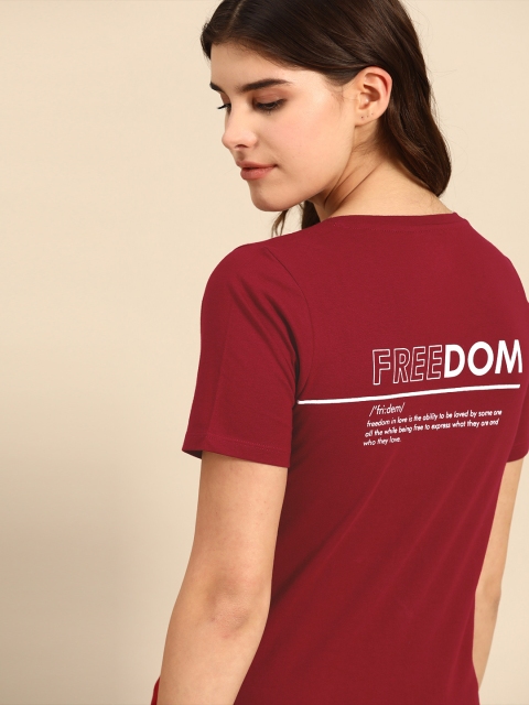 

ether Women Maroon Pure Cotton Printed Back Round Neck T-shirt