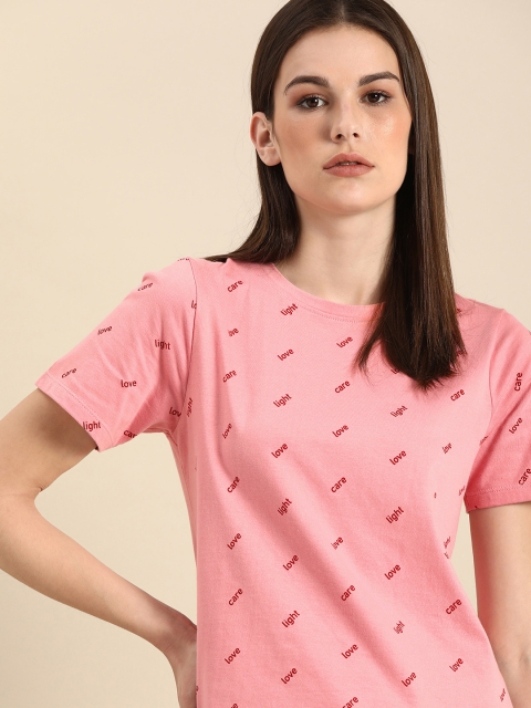 

ether Women Pink Printed Round Neck T-shirt