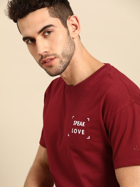 

ether Men Maroon Pure Cotton Printed Detail Round Neck T-shirt