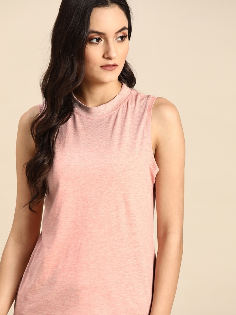 

ether Women Pink Pure Cotton Solid Round Neck T-shirt