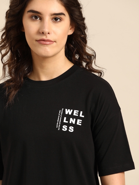 

ether Women Black White Solid Pure Cotton T-shirt with Printed Detail