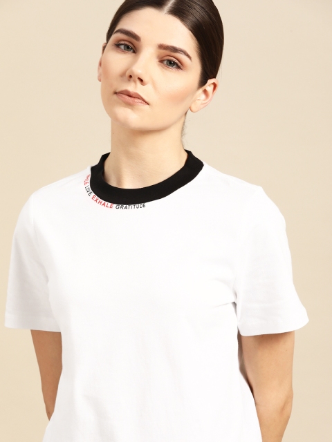 

ether Women White Solid Pure Cotton Round Neck T-shirt