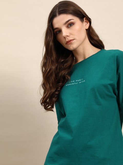 

ether Women Teal Green Printed Pure Cotton Round Neck T-shirt