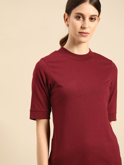 

ether Women Maroon Pure Cotton Solid Pure Cotton T-shirt