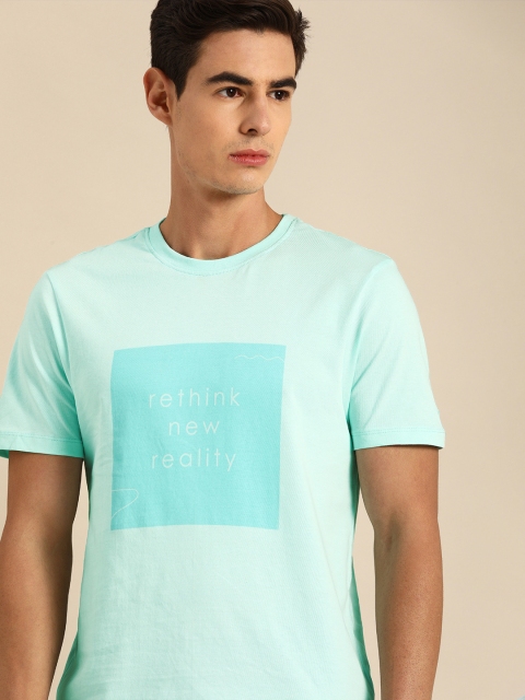 

ether Men Turquoise Blue Printed Round Neck T-shirt