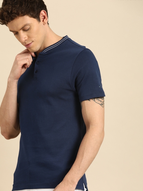

ether Men Navy Blue Solid Mandarin Collar T-shirt