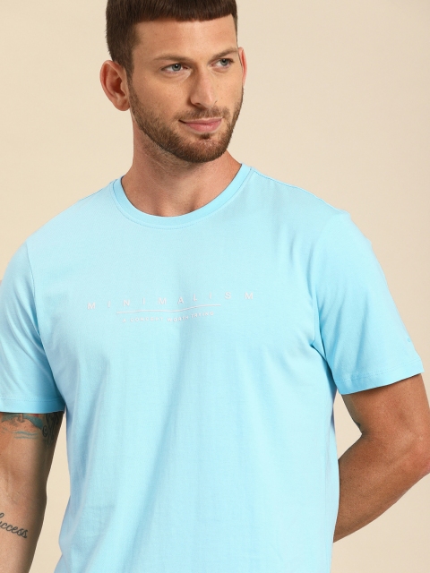 

ether Men Turquoise Blue Printed Round Neck Pure Cotton T-shirt