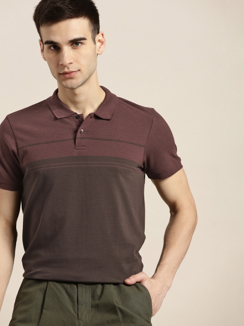

ether Men Brown & Burgundy Colourblocked Pure Cotton Polo Collar T-shirt