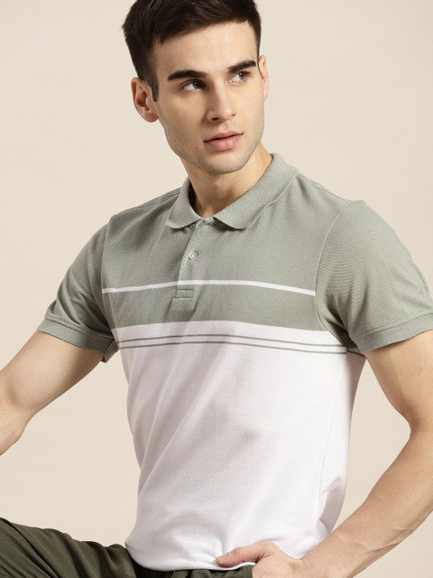 

ether Men Olive Green & White Colourblocked Pure Cotton Polo Collar T-shirt