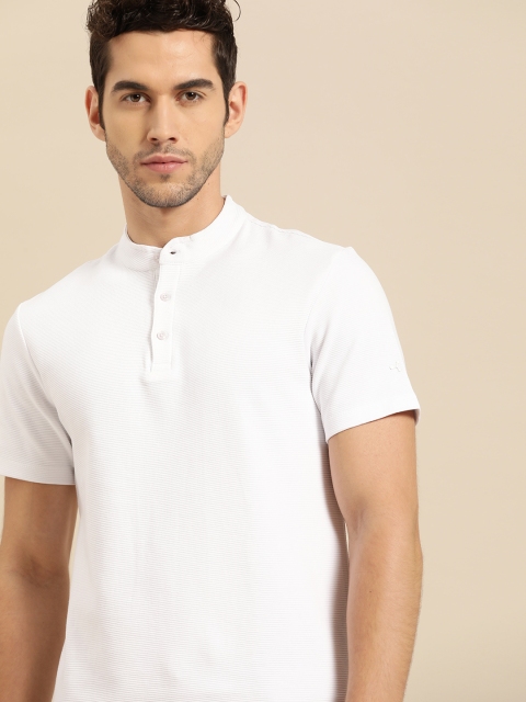 

ether Men White Self Striped Mandarin Collar Pure Cotton T-shirt