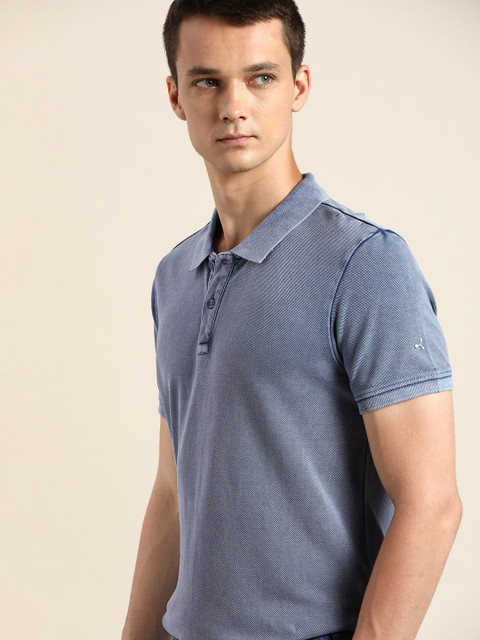 

ether Men Blue Solid Polo Collar Pure Cotton T-shirt