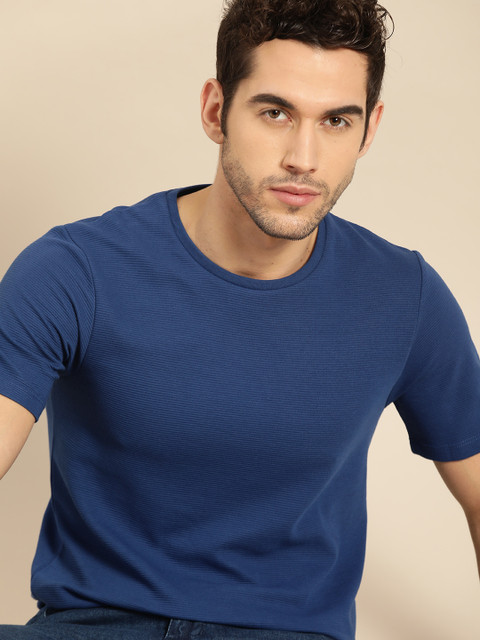 

ether Men Navy Blue Self Striped Round Neck Pure Cotton T-shirt