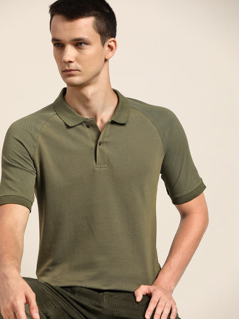 

ether Men Olive Green Solid Pure Cotton Polo Collar T-shirt