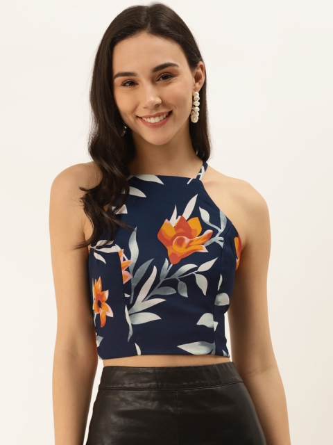 

Aayna Women Navy Blue & Mustard Yellow Floral Printed Crop Top