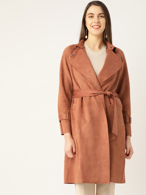 

COVER STORY Women Brown Suede Solid Longline Coat with Belt