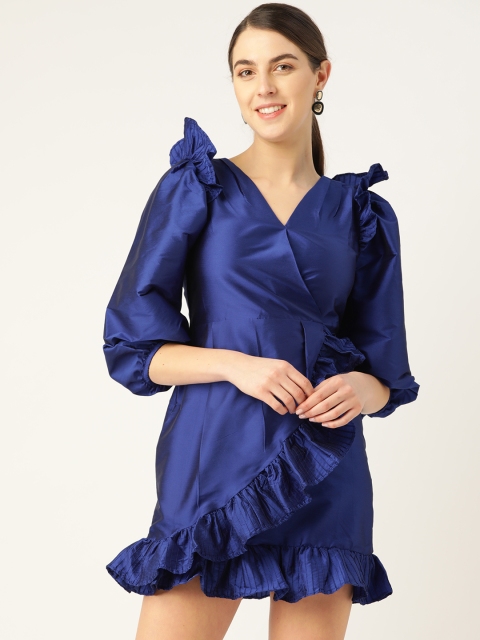 

COVER STORY Women Blue Solid Ruffled Wrap Dress