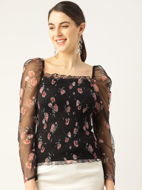 

COVER STORY Women Black & Pink Floral Printed Smocked Semi-Sheer Top