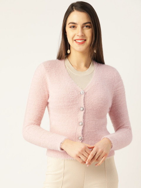 

COVER STORY Women Pink Solid Fuzzy Cardigan Sweater