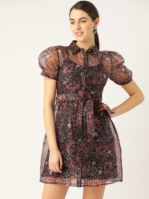 

COVER STORY Women Black & Pink Floral Print Semi-Sheer Shirt Dress