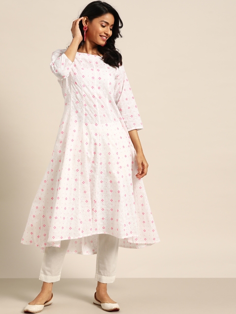 

Sangria Women White & Pink Geometric Print Pure Cotton A-line Panelled Hight Low Kurta
