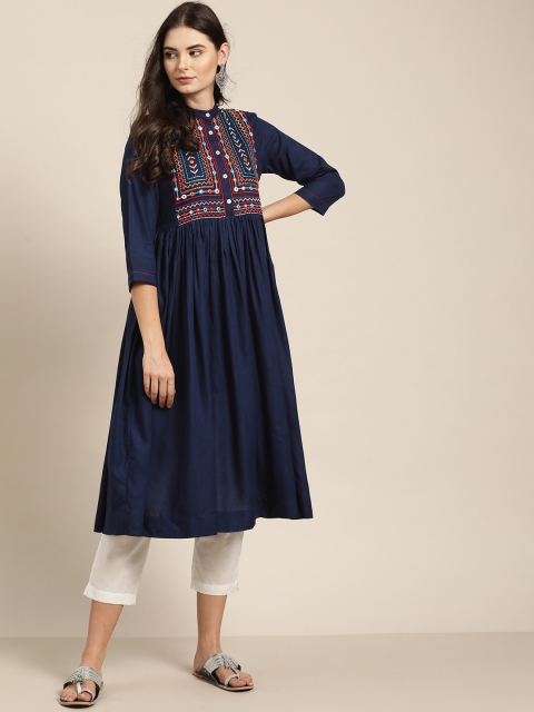 

Sangria Women Navy Blue Embellished Yoke Design Indigo A-Line Kurta