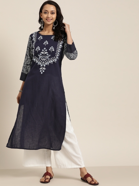 

Sangria Women Navy Blue & White Pure Cotton Ethnic Motifs Embellished Kurta