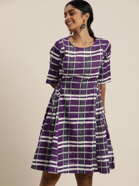 

Sangria Purple & White Checked A-Line Dress With Tie-Up Detail