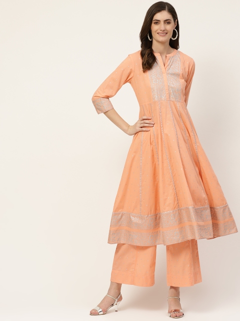 

Sangria Women Peach-Coloured & Silver Polka Dot Foil Print Pure Cotton Kurta with Palazzos