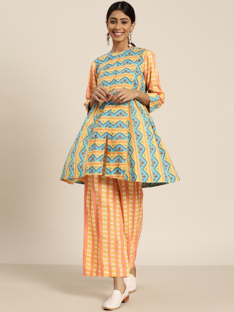 

Sangria Women Blue & Yellow Printed Regular Pure Cotton Kurta with Palazzos