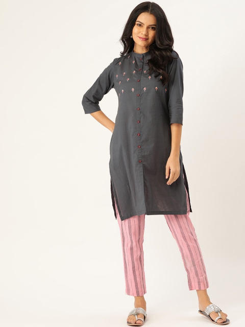

Sangria Women Grey & Pink Embroidered Pure Cotton Kurta With Trousers