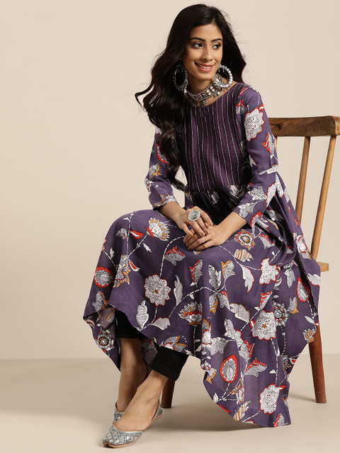 

Sangria Women Purple & White Ethnic Motifs Printed A-Line Kurta