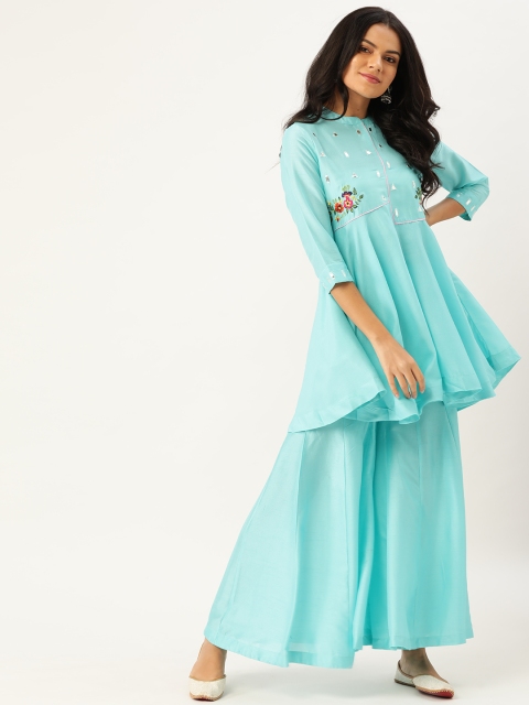 

Sangria Women Turquoise Blue Floral Embroidered Cotton Mirror Work Kurti with Sharara
