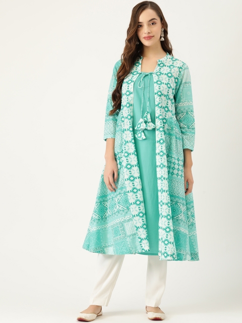 

Sangria Women Turquoise Blue & White Pure Cotton Ethnic Motifs Print Layered Kurta