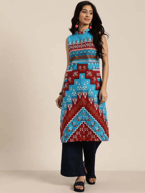 

Sangria Women Blue & Maroon Pure Cotton Ethnic Motifs Printed Straight Kurta