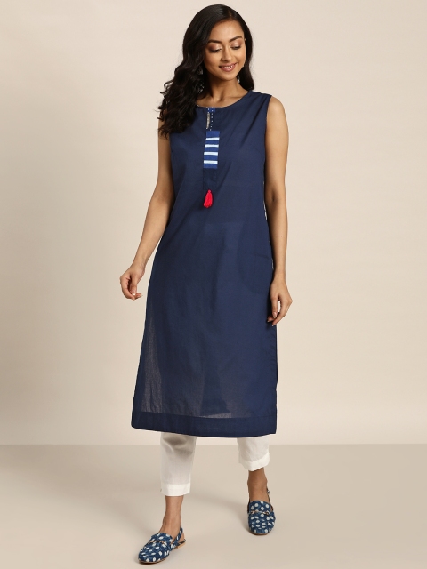 

Sangria Women Navy Blue Solid Pure Cotton Indigo Kurta