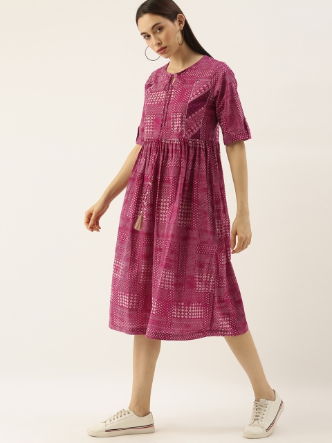 

Sangria Magenta Pink & White Tie-Up Neck A-Line Dress