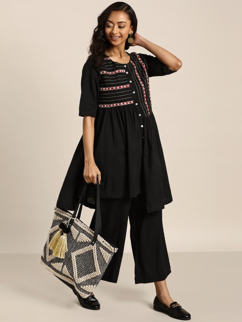 

Sangria Women Black Yoke Design Pure Cotton Asymmetric Kurta with Palazzos