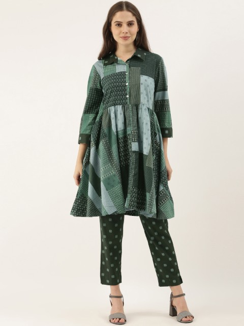 

Sangria Women Green & Turquoise Blue Printed Kurta with Trousers