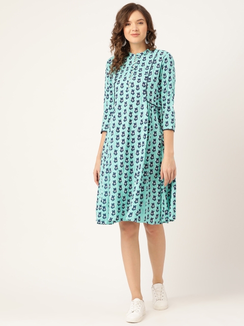 

Sangria Women Green & Blue Floral Print A-Line Dress