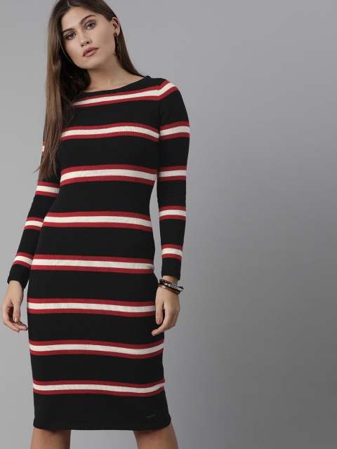 

Roadster Women Black & White Striped Flat Knit Bodycon Dress